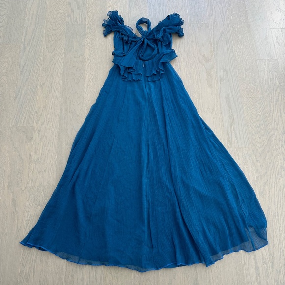 Hutch Rumi Open Tie Back Ruffle Maxi Dress Gown Blue Chiffon - Size XS - Picture 3 of 11
